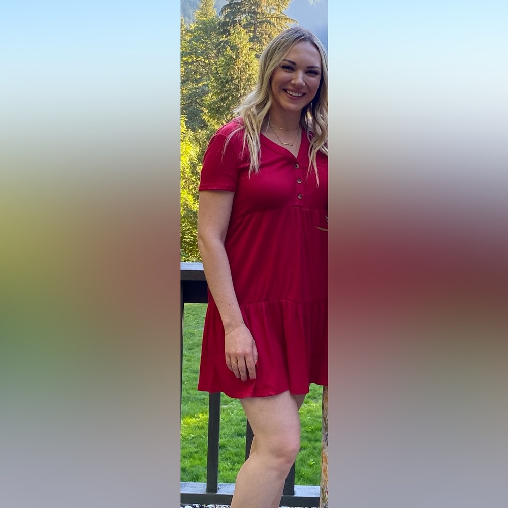 Women’s Short Sleeve Henley Dress - Knox Rose - Red - Size S